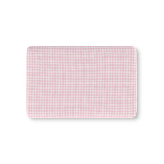 Blush Gingham fitted crib sheet on a nursery crib mattress