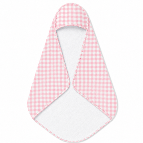 Blush Gingham hooded baby towel wrapped around a baby