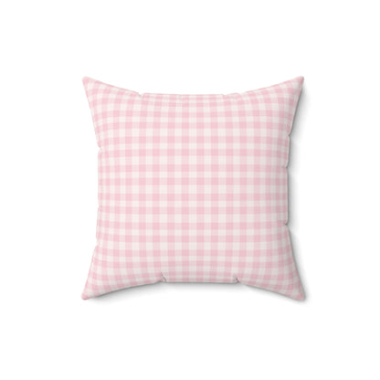 Faux suede nursery pillow in a small pink and white check