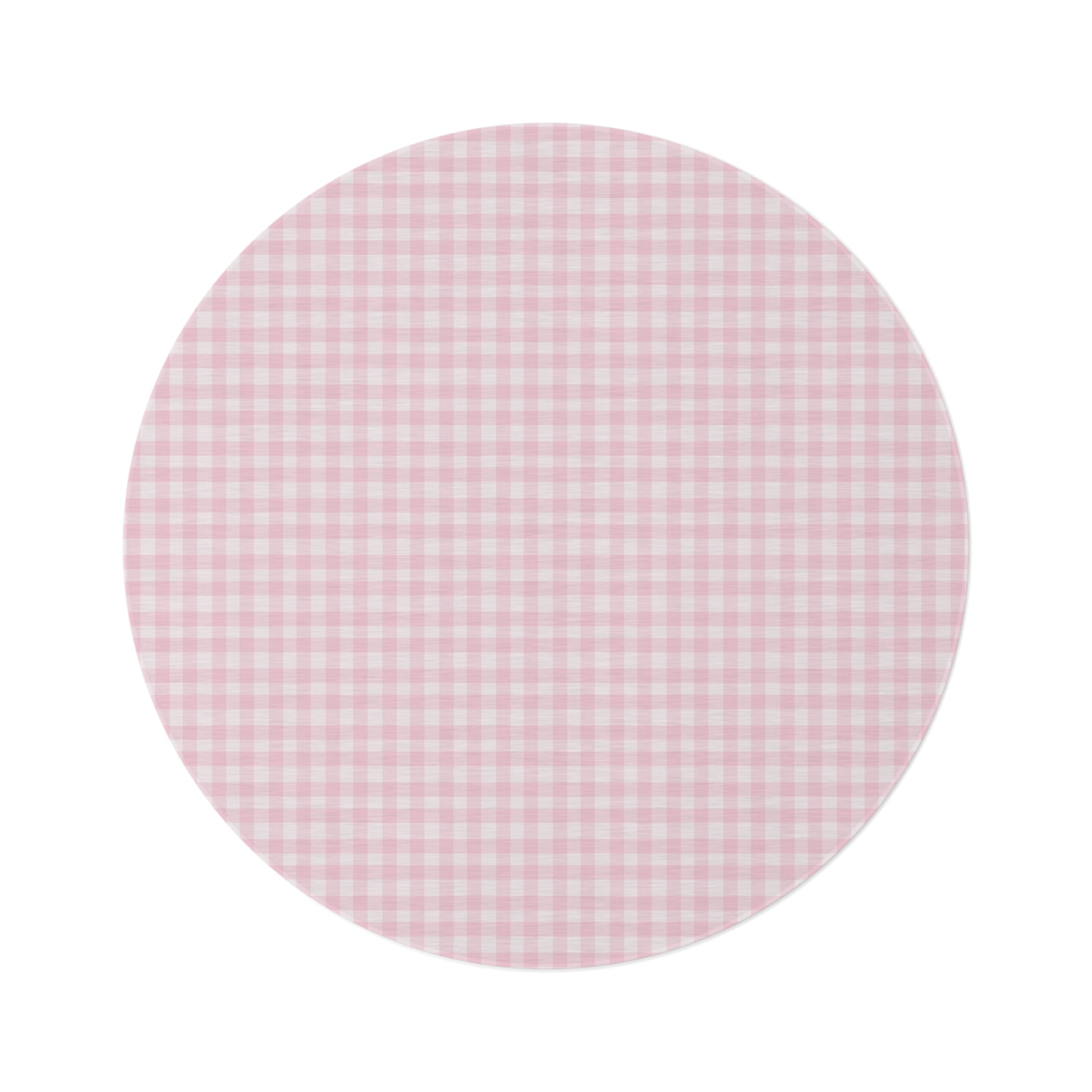 Blush Gingham round nursery rug on a baby room floor