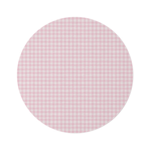 Blush Gingham round nursery rug on a baby room floor