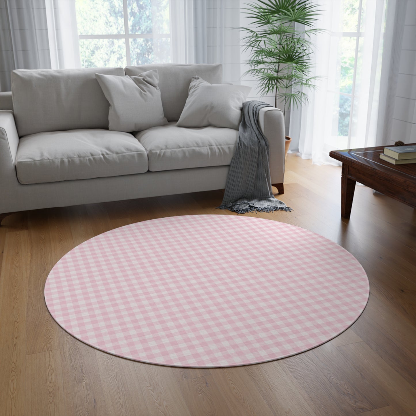 Close detail of the Blush Gingham check on the round rug