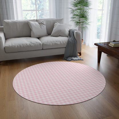 Close detail of the Blush Gingham check on the round rug