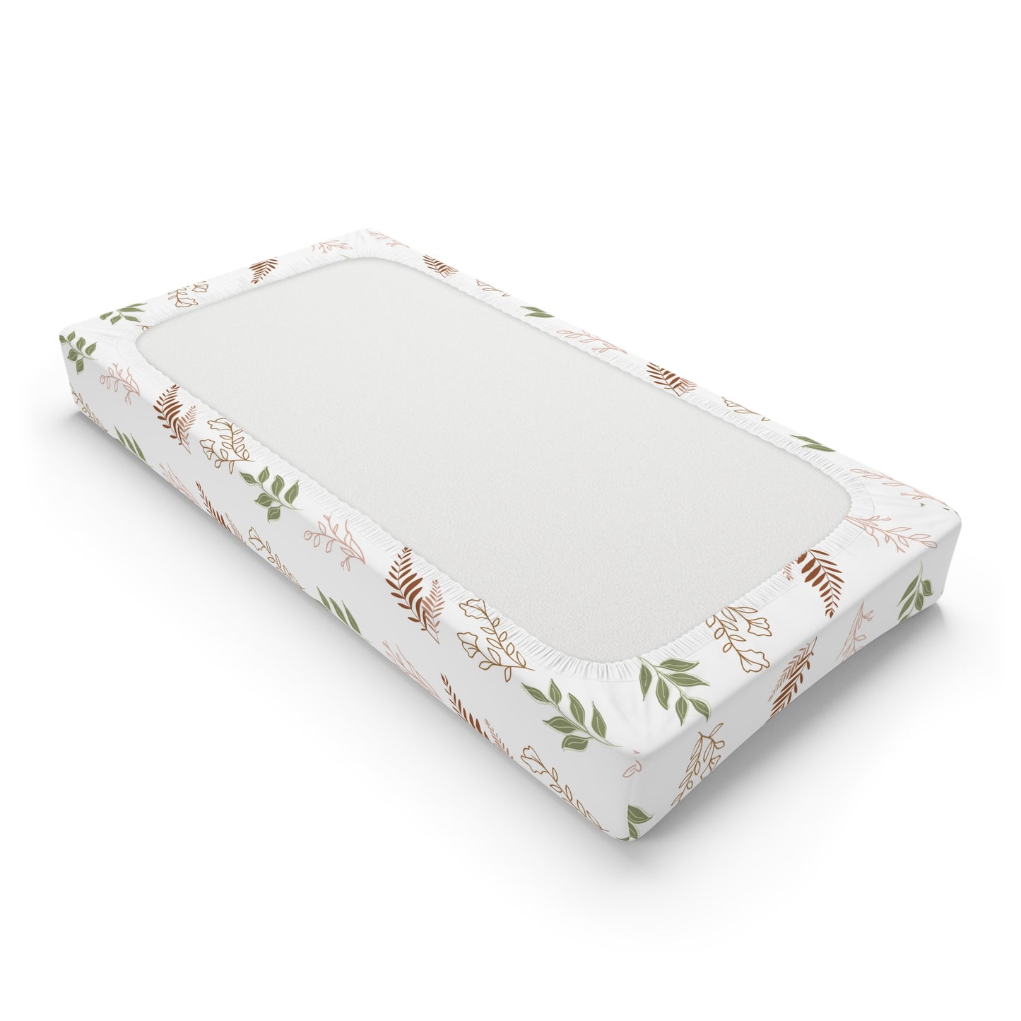 Changing pad cover in sage, terracotta and blush leaf sprigs