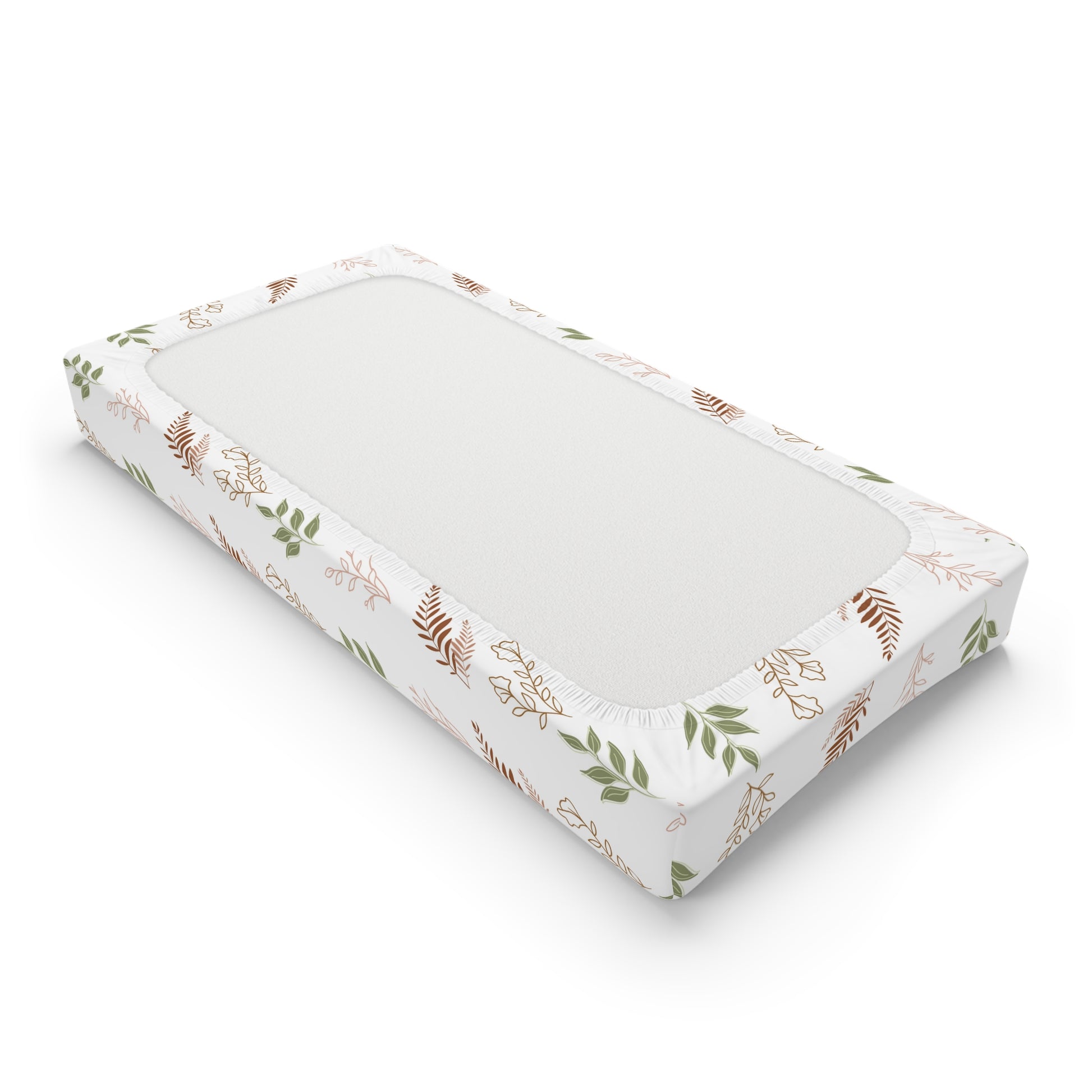 Changing pad cover in sage, terracotta and blush leaf sprigs
