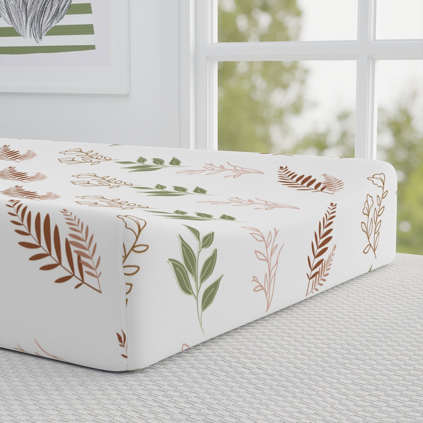Close detail of the Boho Botanical print on the changing pad cover