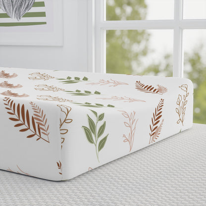 Close detail of the Boho Botanical print on the changing pad cover