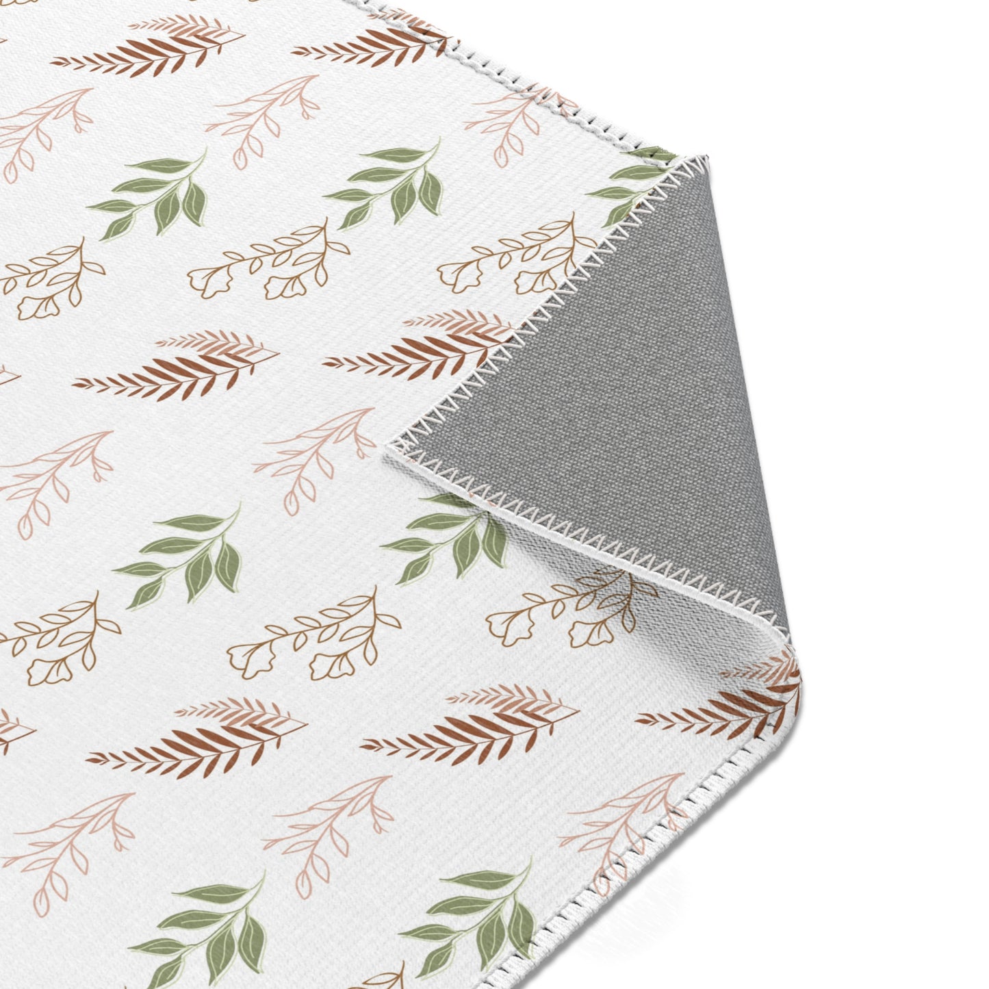 Nursery area rug printed edge to edge with botanical sprigs