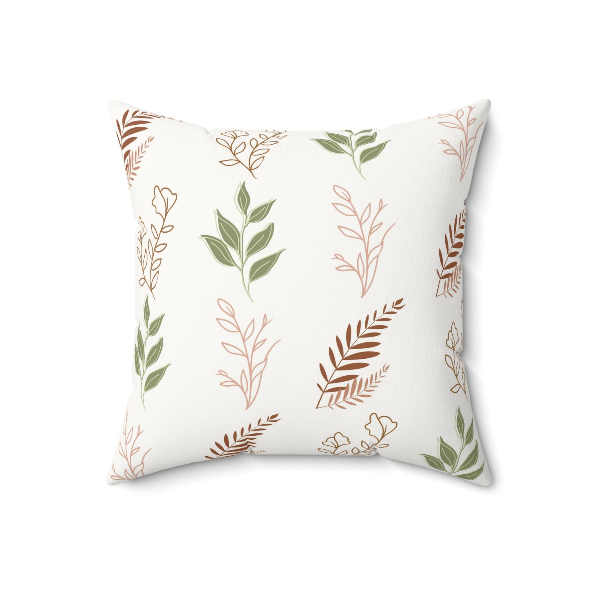 Close detail of the leaf sprig print on the faux suede pillow