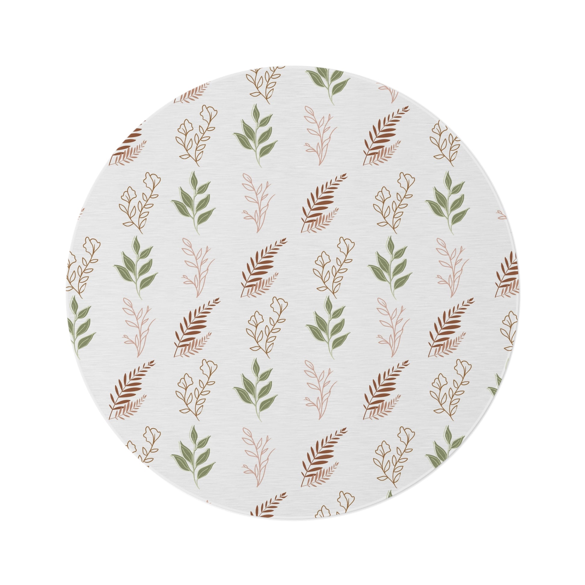 Boho Botanical round nursery rug on a baby room floor