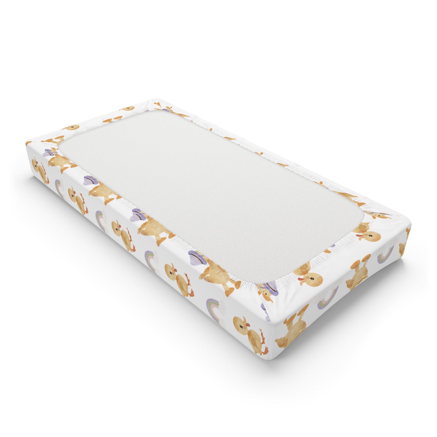 Changing pad cover with yellow ducklings and lilac rainbows