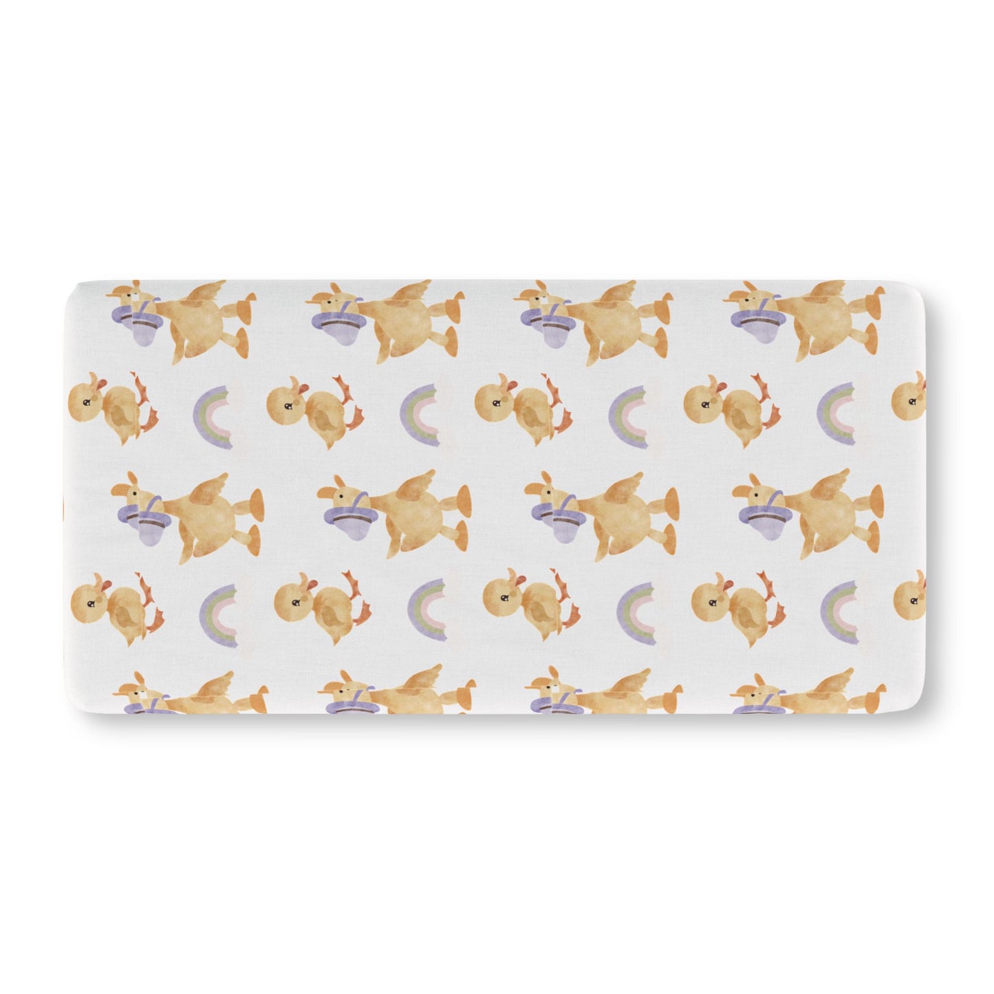 Fitted crib sheet with watercolour ducklings and pastel rainbows