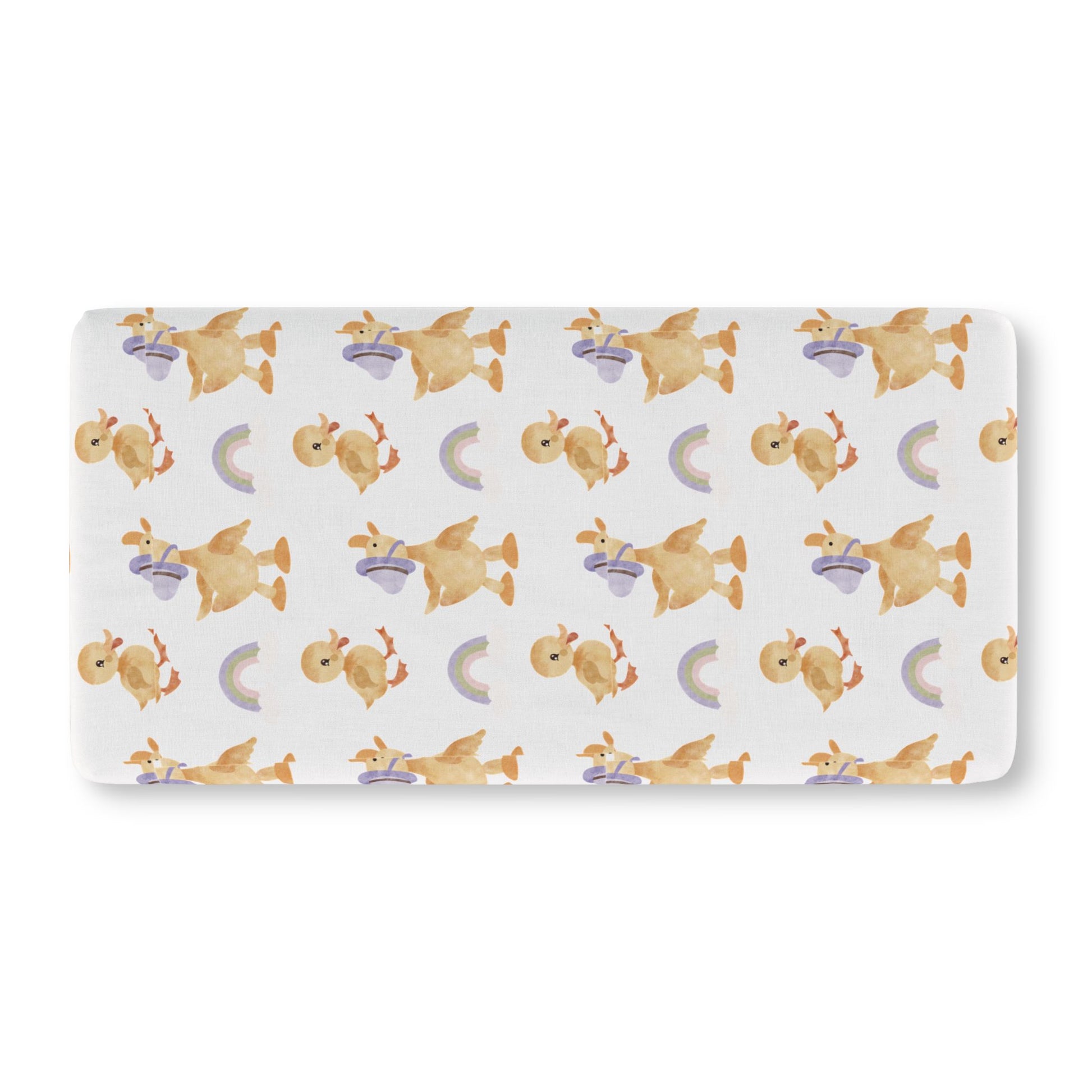 Fitted crib sheet with watercolour ducklings and pastel rainbows