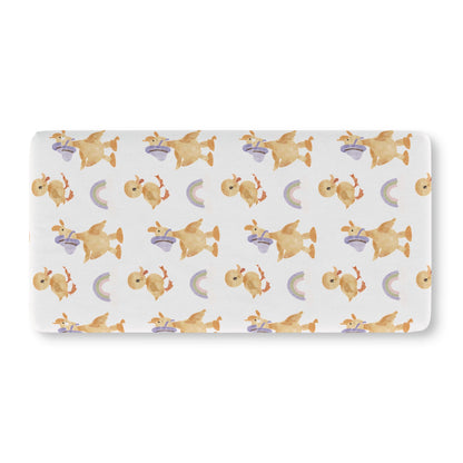 Fitted crib sheet with watercolour ducklings and pastel rainbows