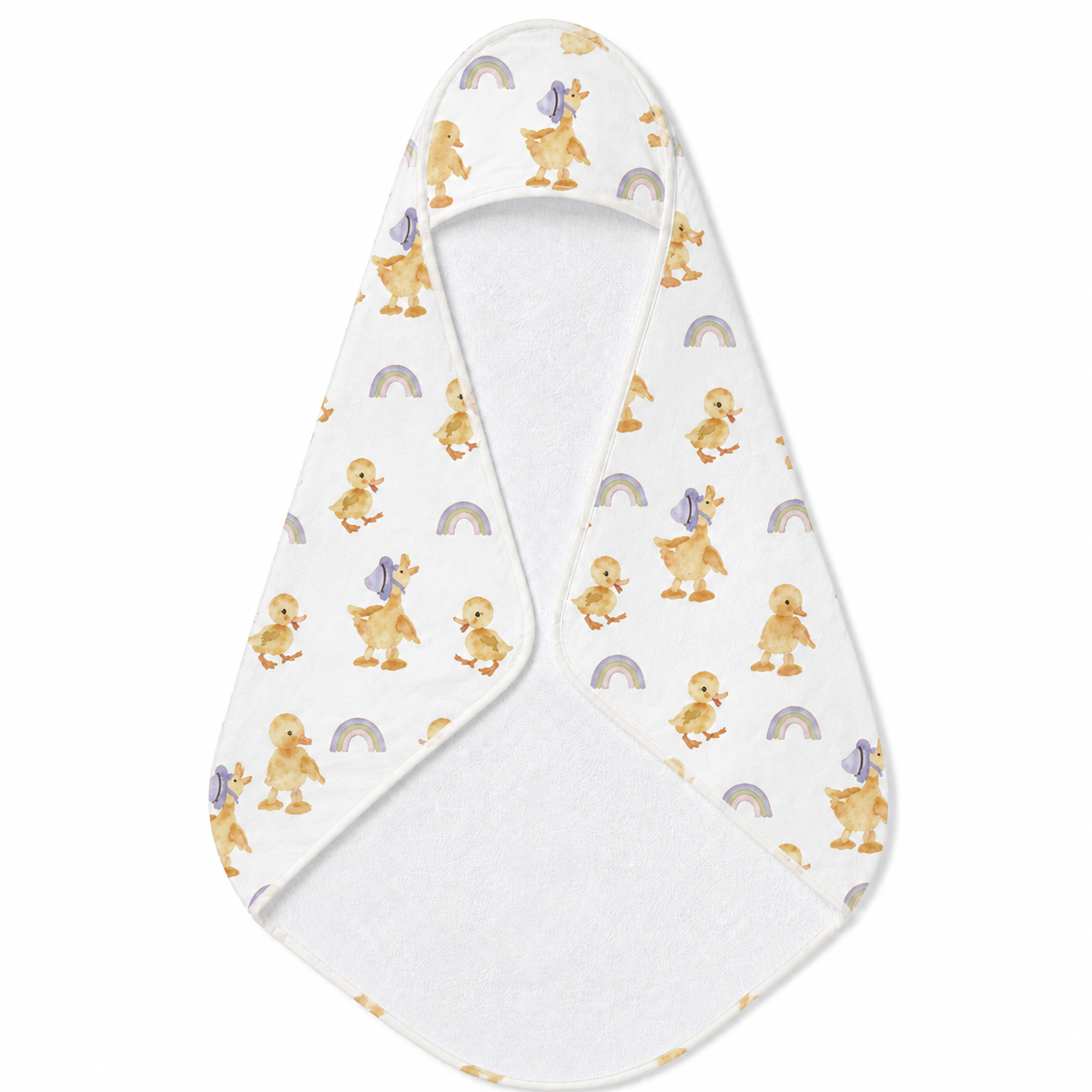 Bonnet Ducklings hooded baby towel wrapped around a baby