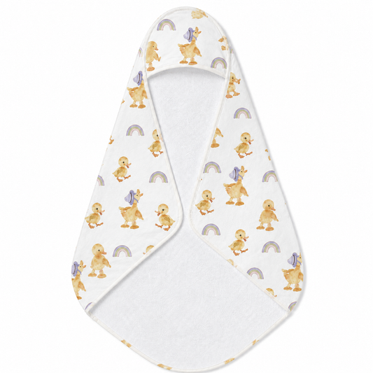 Bonnet Ducklings hooded baby towel wrapped around a baby