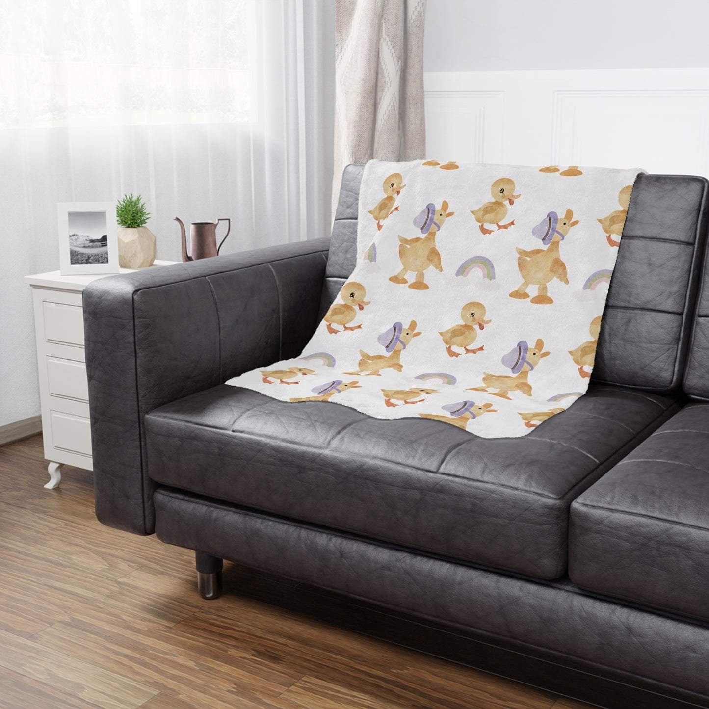 Bonnet Ducklings minky blanket showing the soft raised reverse
