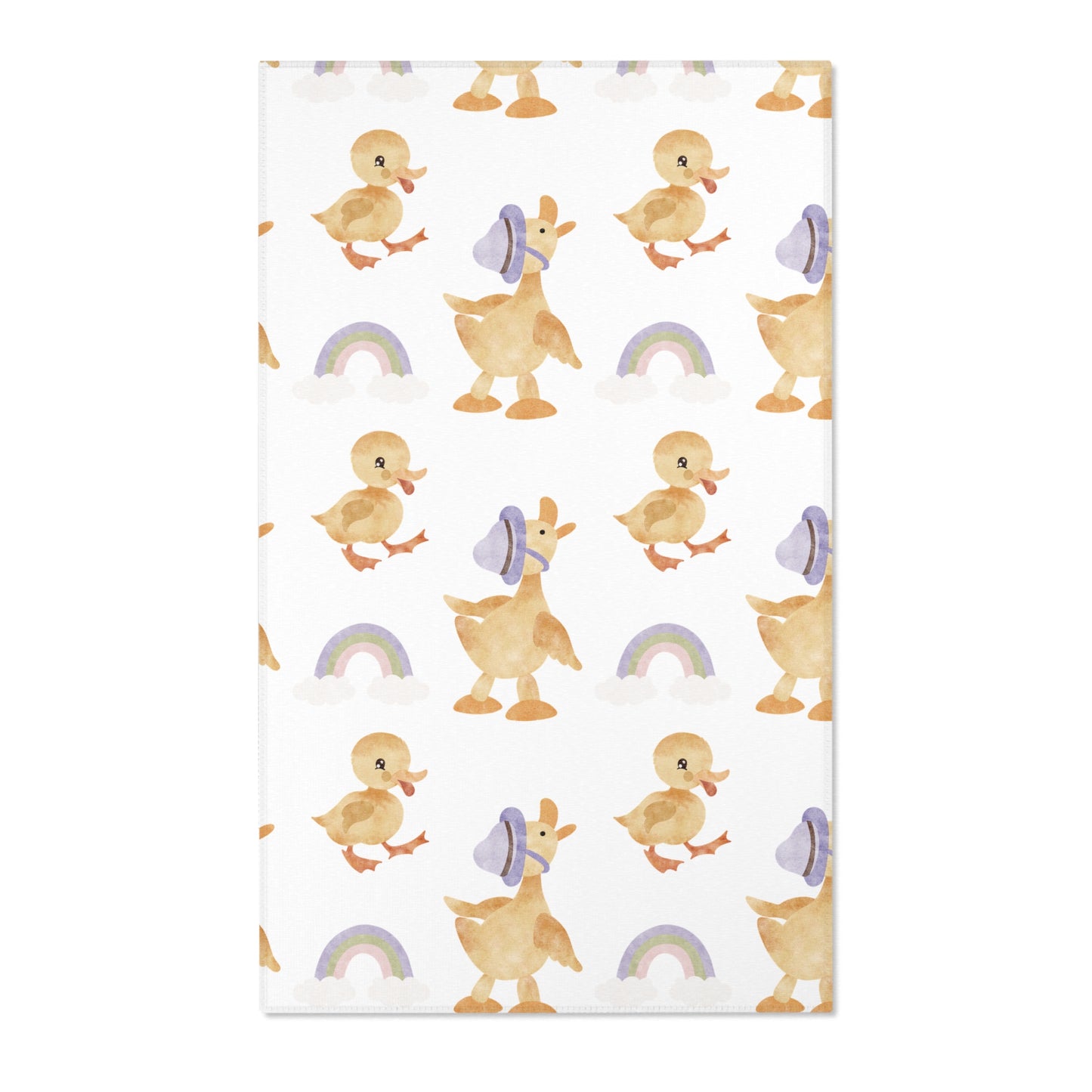Duck nursery area rug in soft yellow, lilac and sage