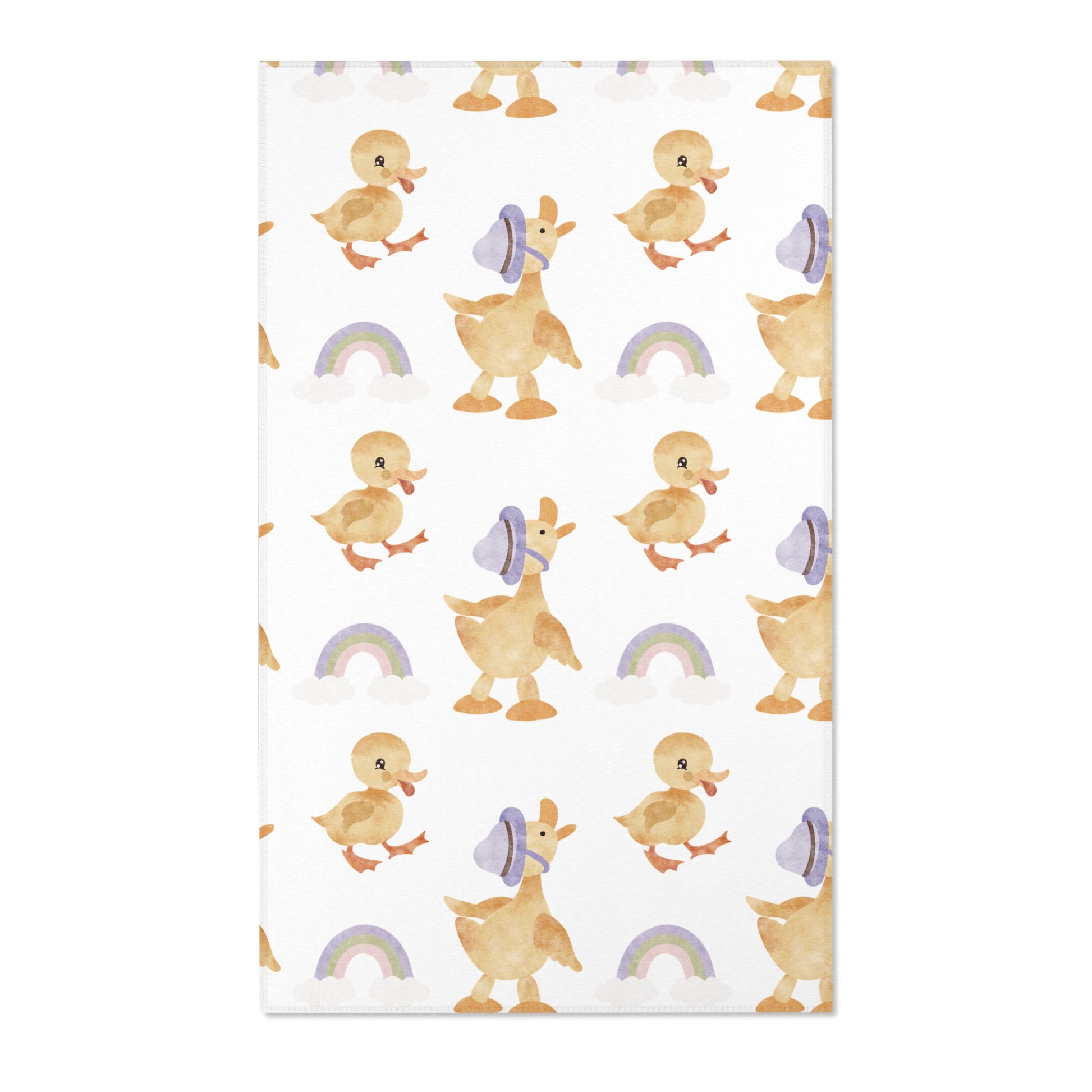 Duck nursery area rug in soft yellow, lilac and sage