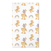Duck nursery area rug in soft yellow, lilac and sage