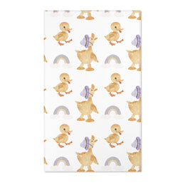 Duck nursery area rug in soft yellow, lilac and sage