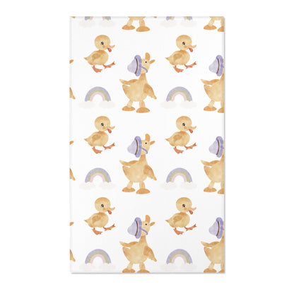 Duck nursery area rug in soft yellow, lilac and sage