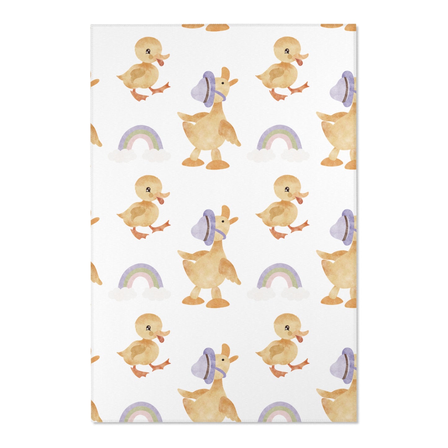 Close detail of the watercolour ducklings on the area rug