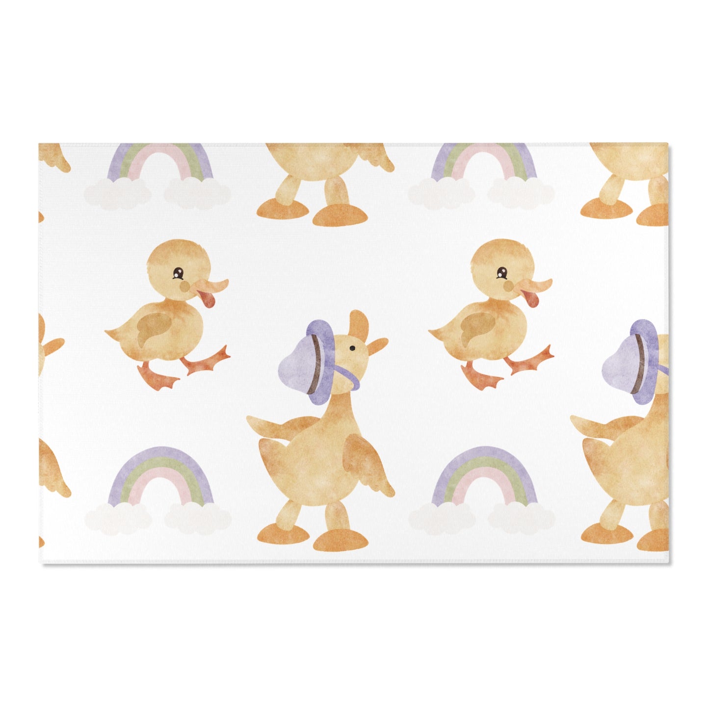 Low pile nursery rug with ducklings and pastel rainbows