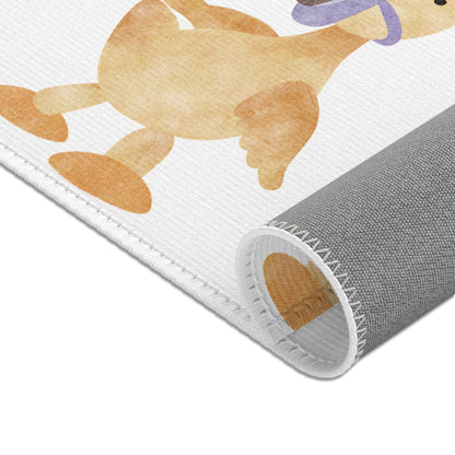 Ducklings and small rainbows printed across the nursery area rug