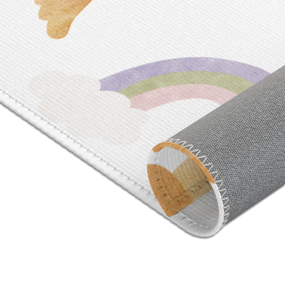 Nursery area rug in a soft yellow, lilac and sage palette