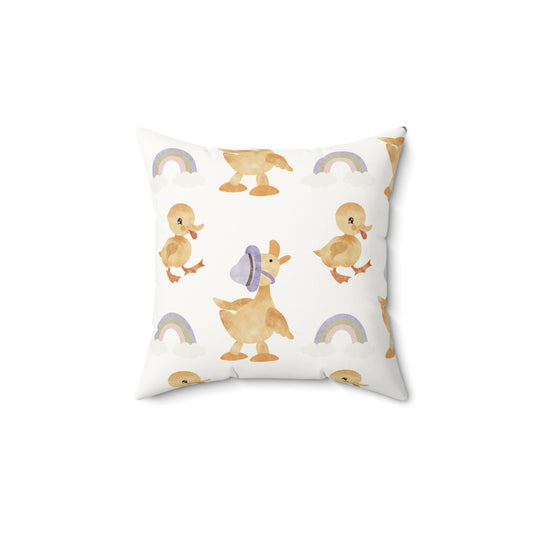 Bonnet Ducklings decorative nursery pillow on a glider chair