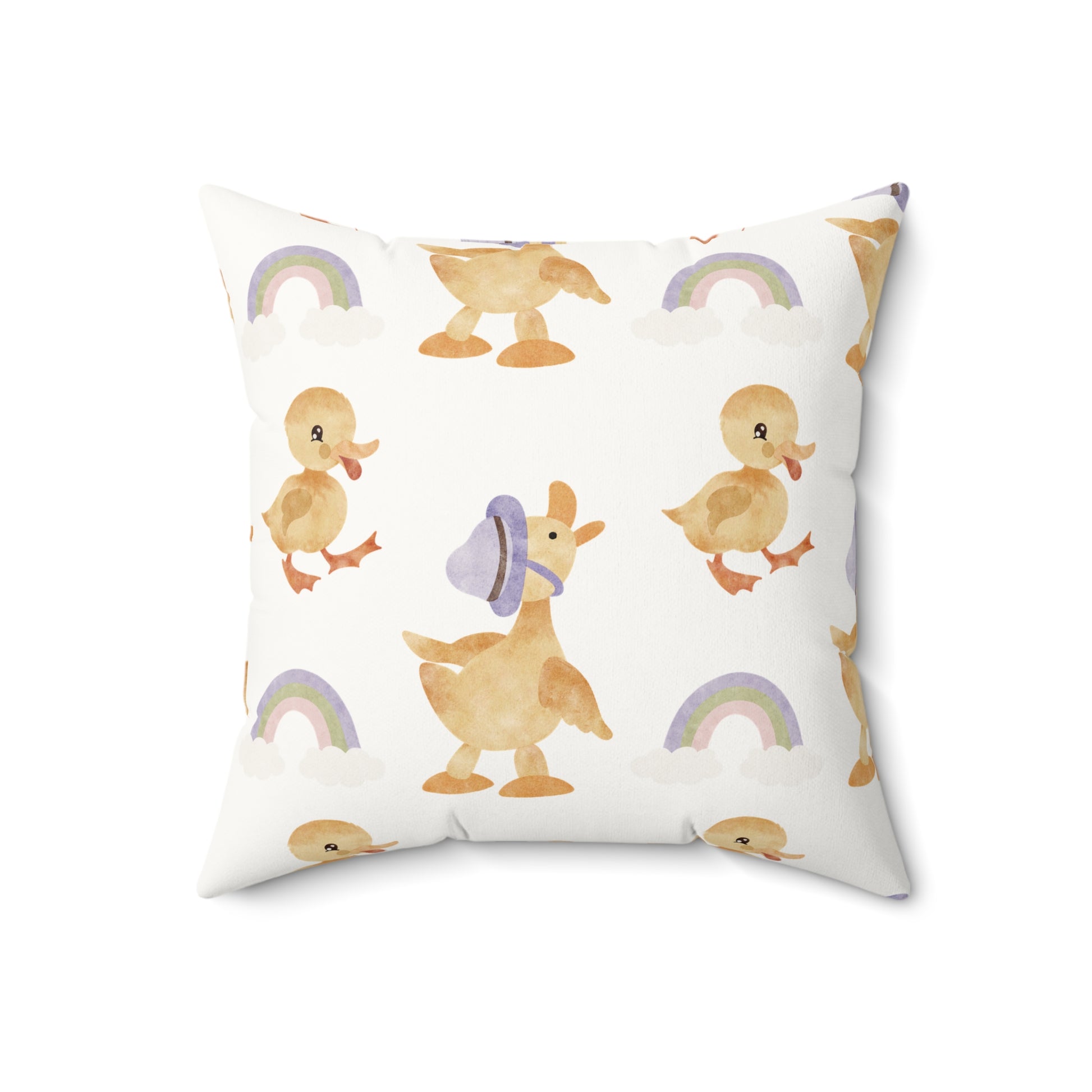Close detail of the duckling and rainbow print on the pillow