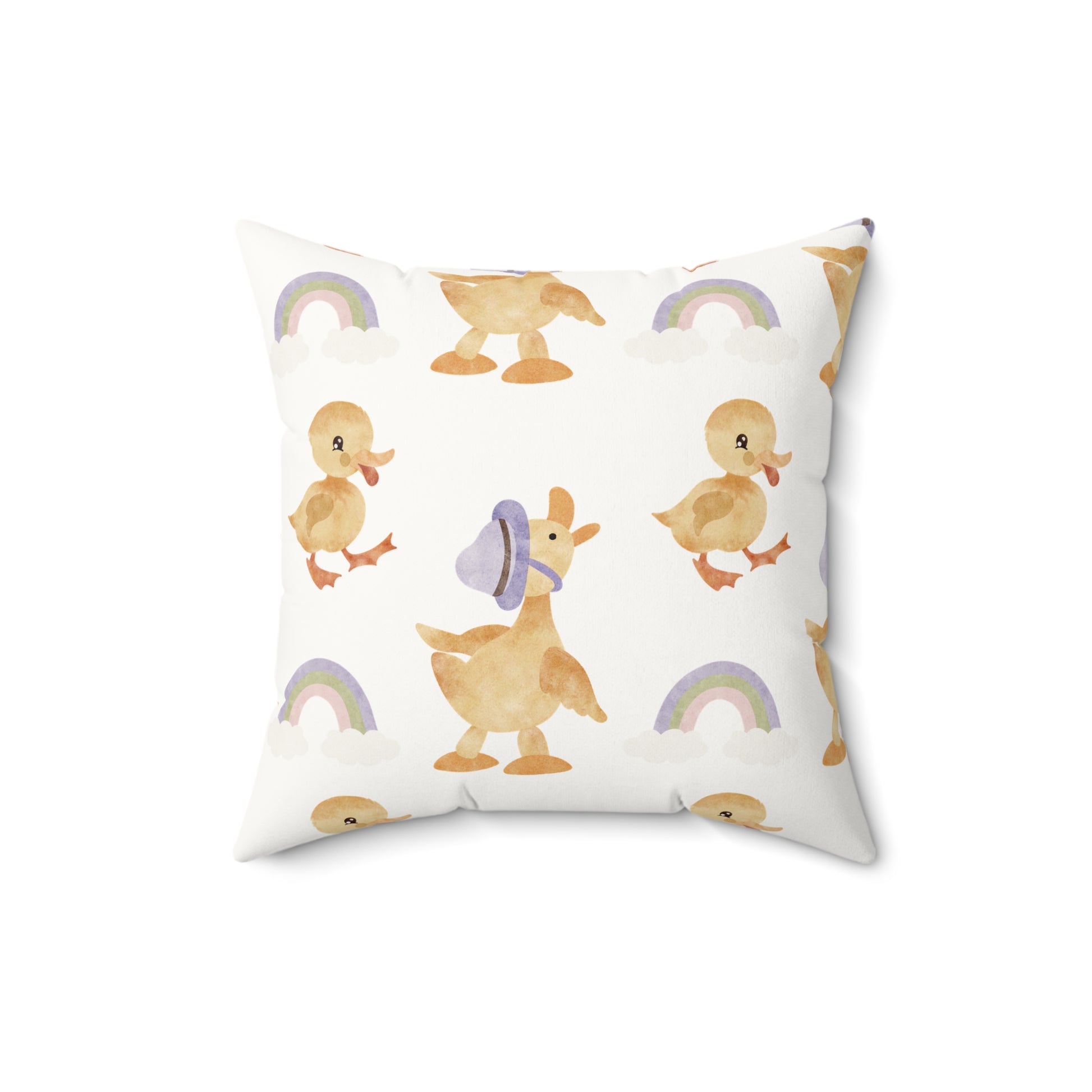 Nursery pillow in yellow and lilac, Bonnet Ducklings print