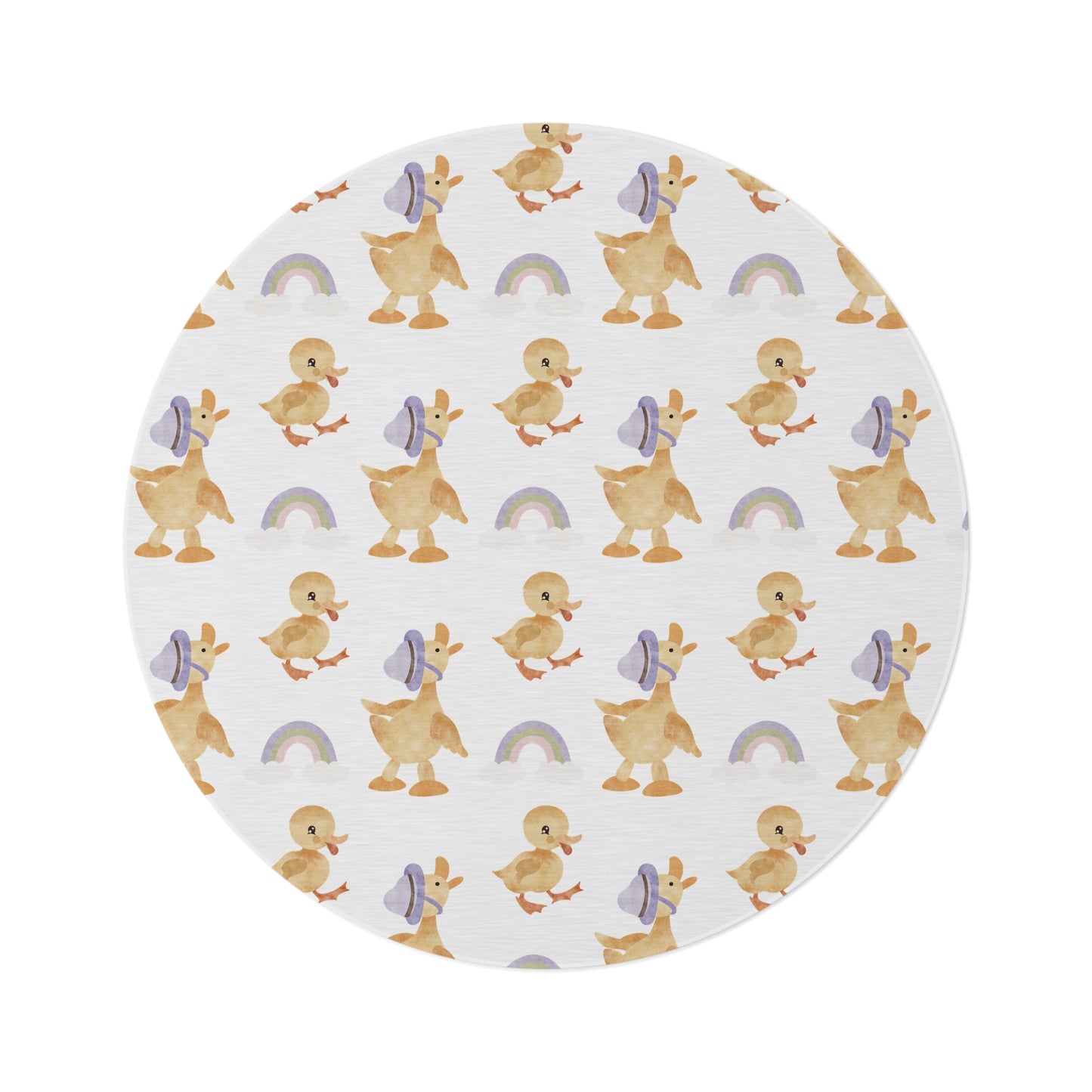 Bonnet Ducklings round nursery rug on a baby room floor