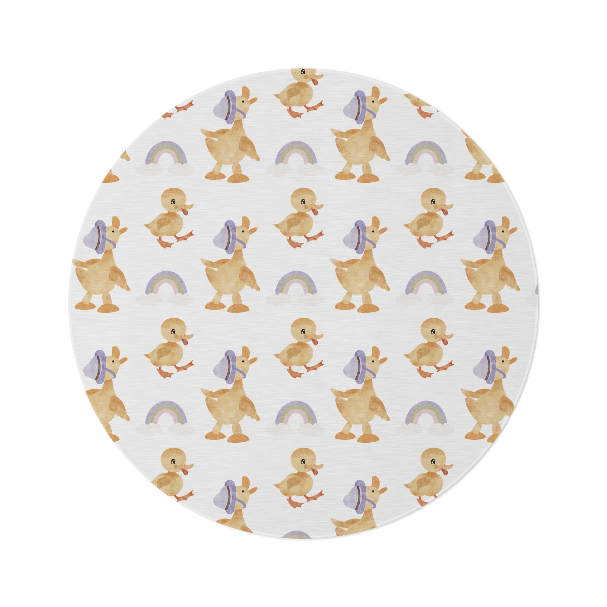 Bonnet Ducklings round nursery rug on a baby room floor