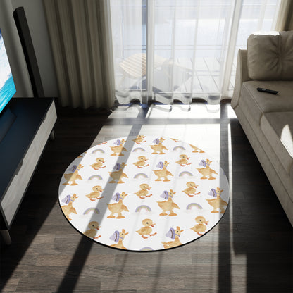 Close detail of the duckling print on the round nursery rug