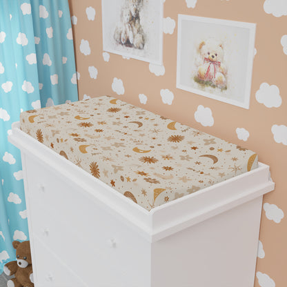 Celestial Bloom changing pad cover fitted over a contoured pad