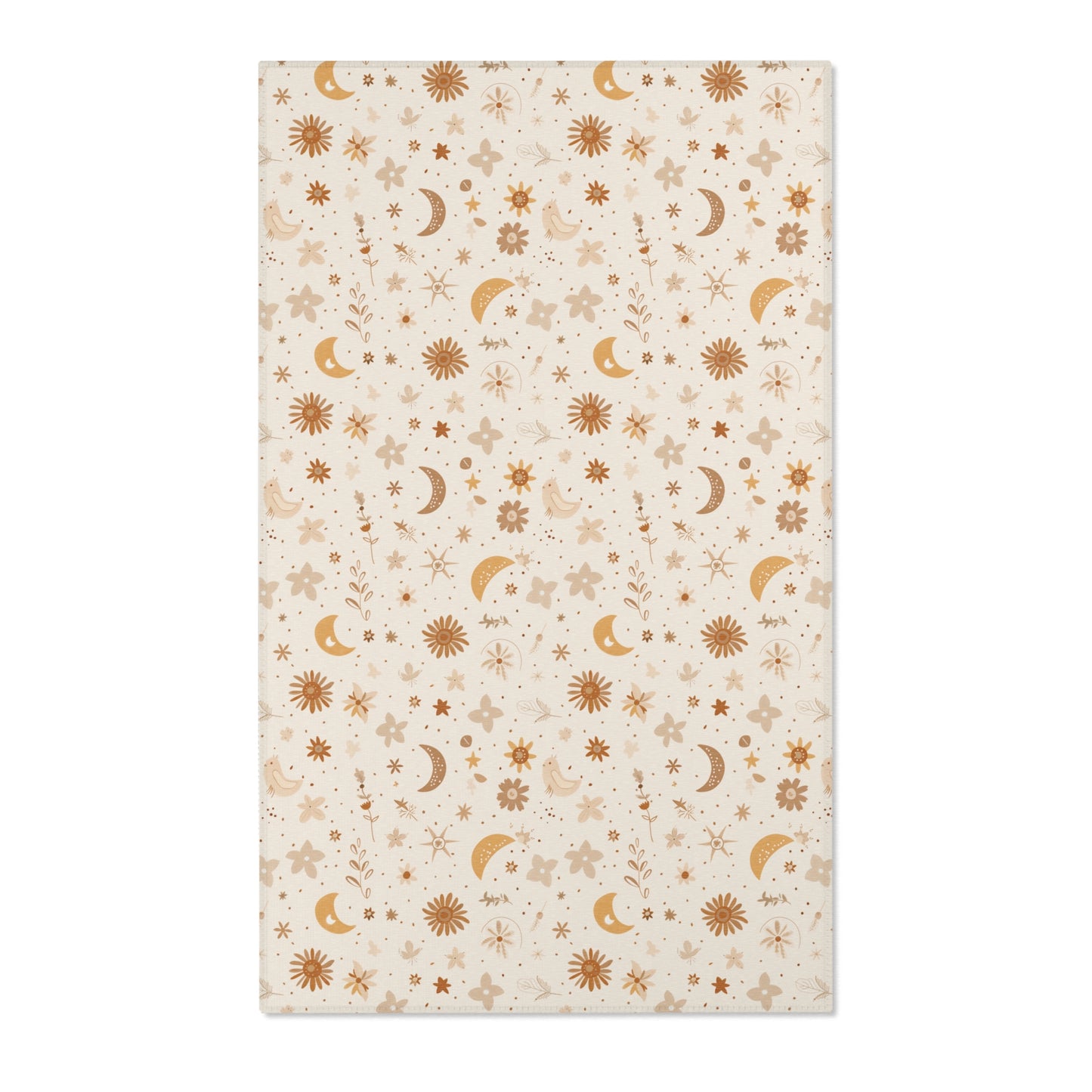 Moon and floral nursery area rug in gold, rust and tan