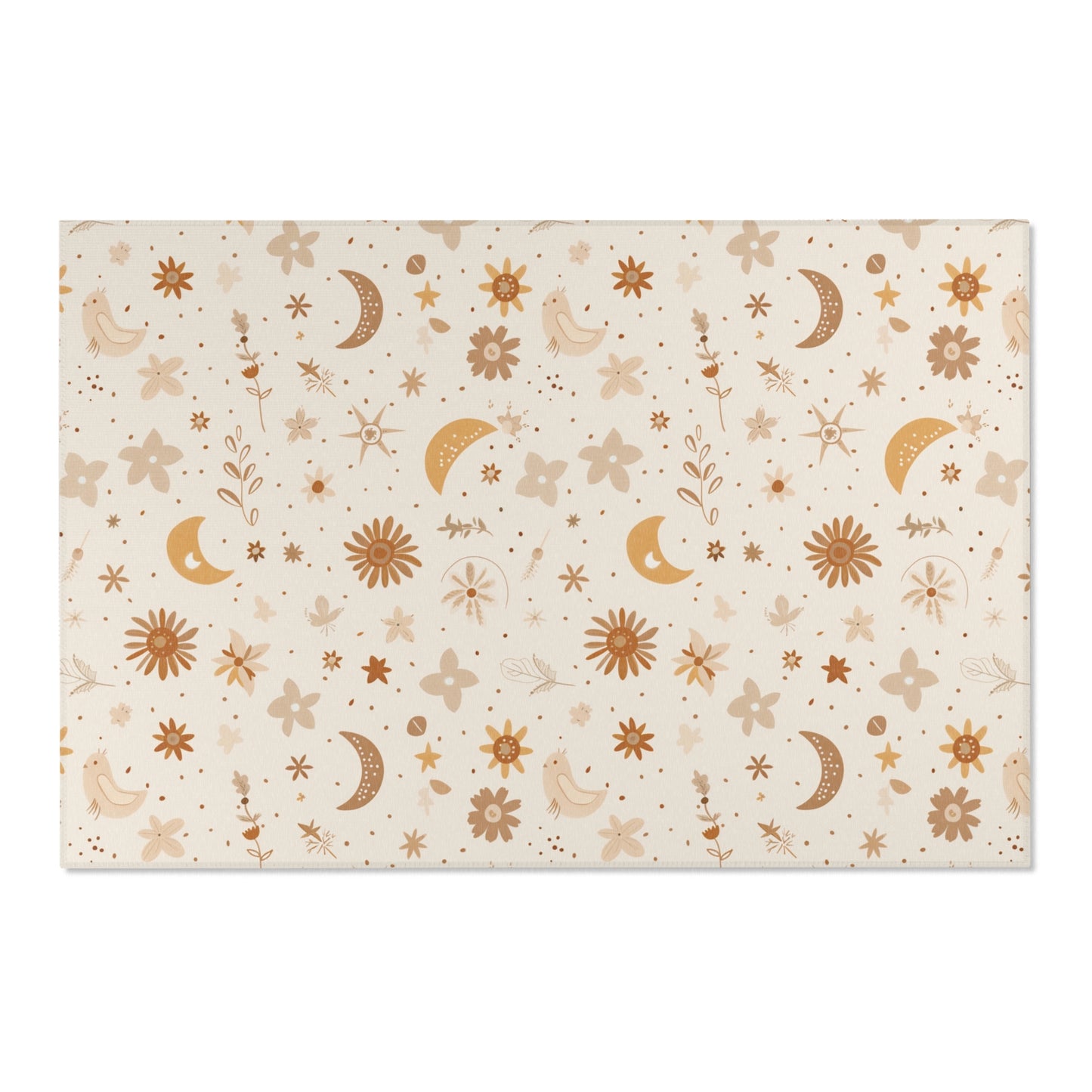 Low pile nursery rug with golden moons and rust florals
