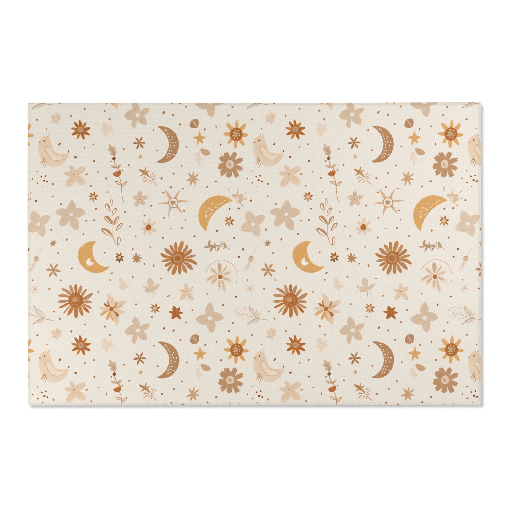 Low pile nursery rug with golden moons and rust florals