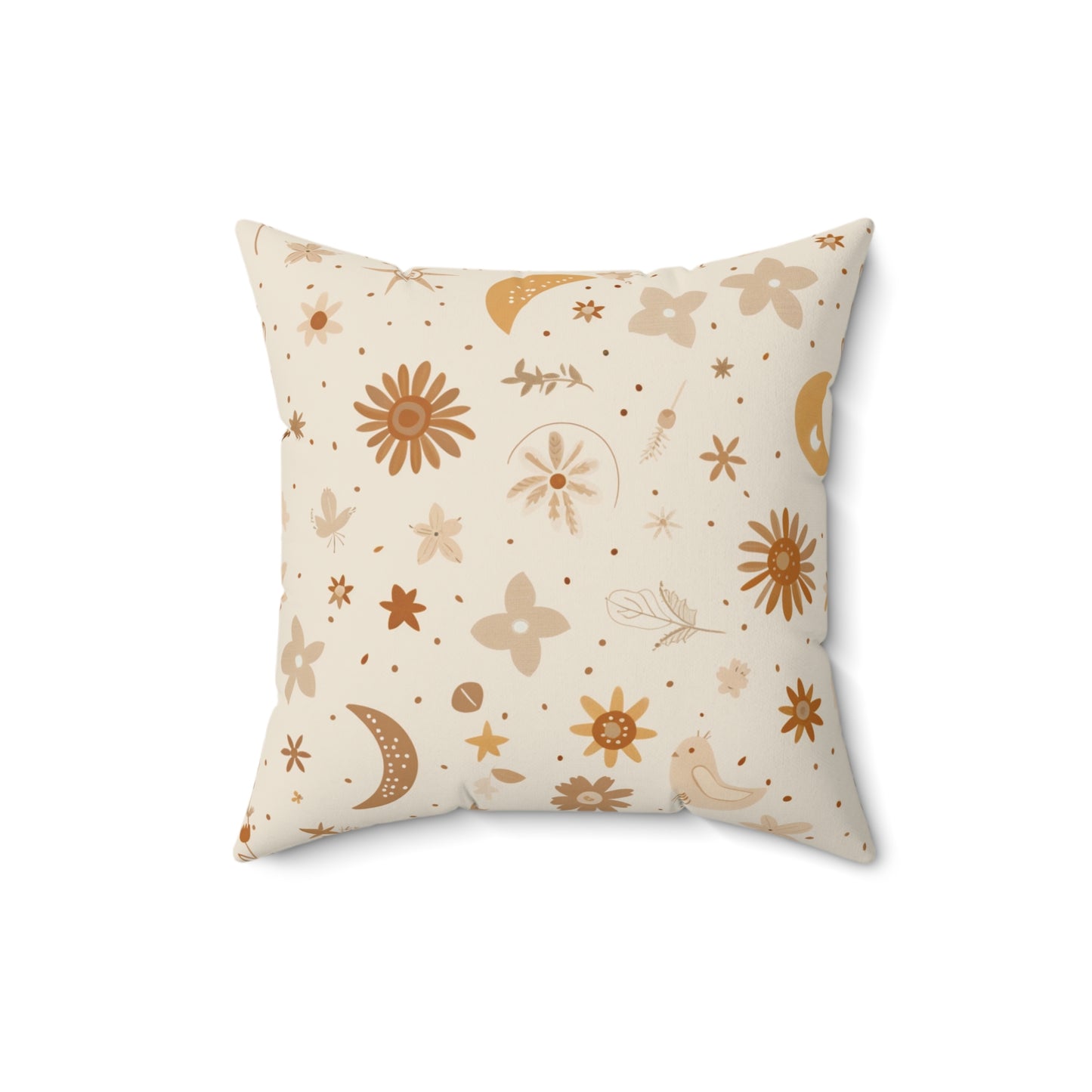 Faux suede nursery pillow with golden moons and daisies