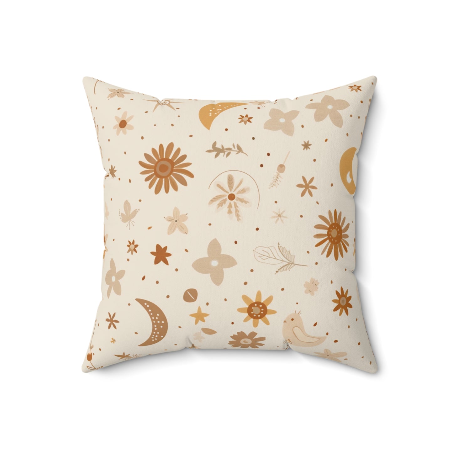Close detail of the celestial floral print on the faux suede pillow