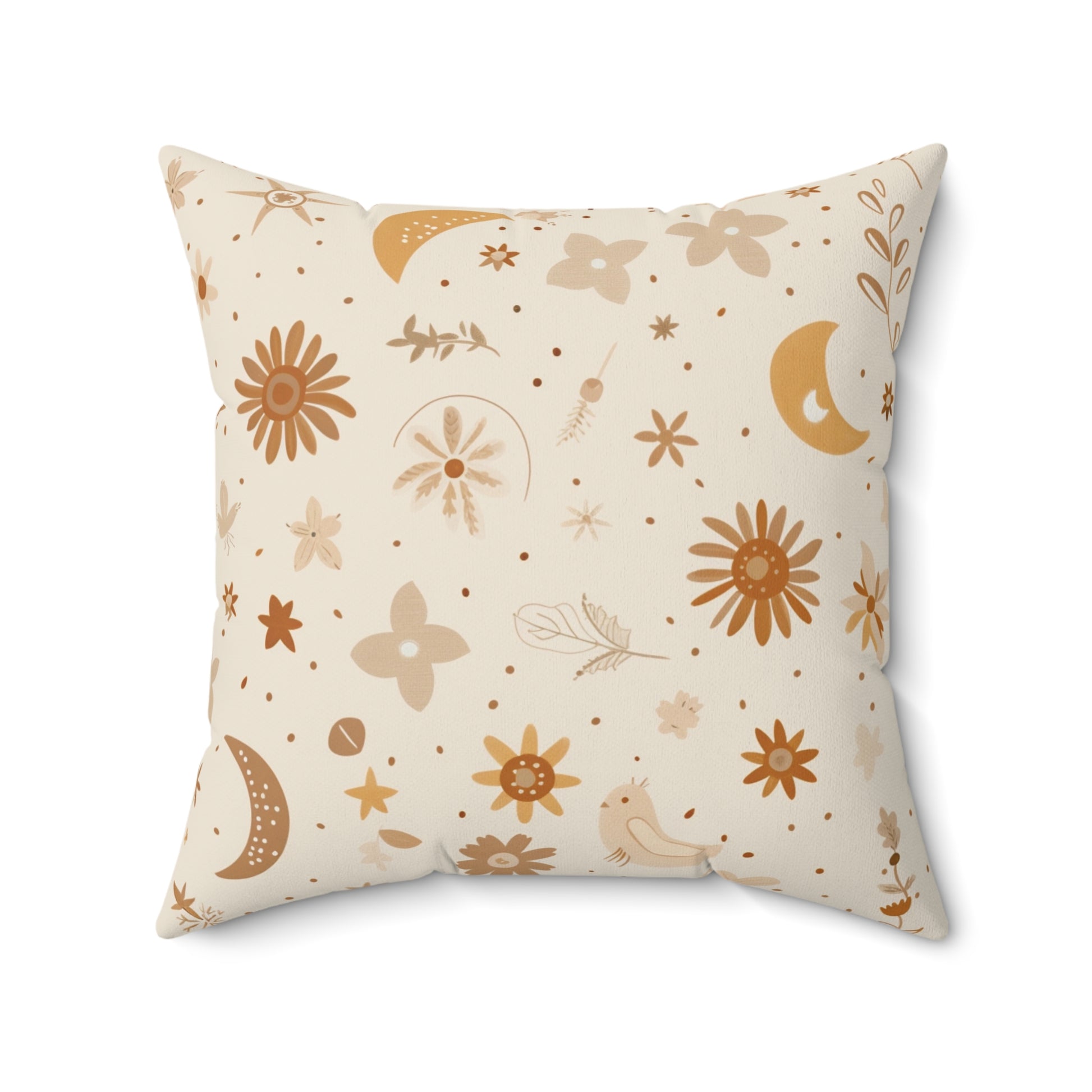 Faux suede pillow with moons, daisies and small stars