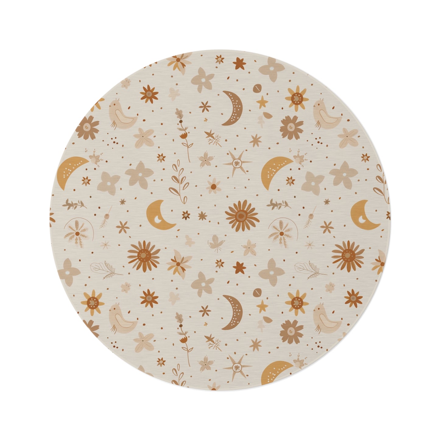 Celestial Bloom round nursery rug on a baby room floor