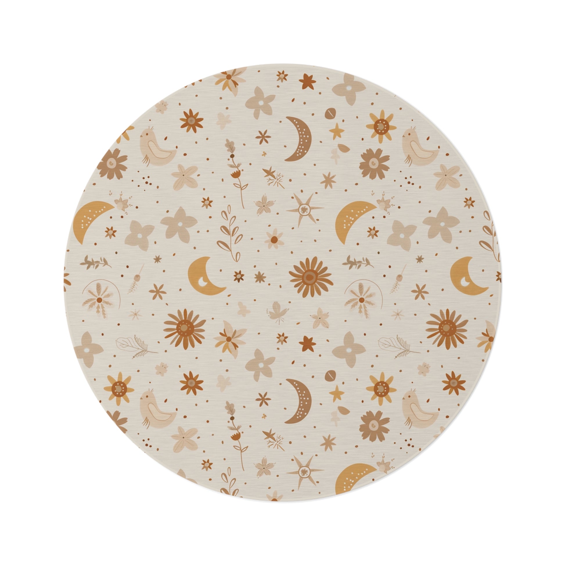 Celestial Bloom round nursery rug on a baby room floor
