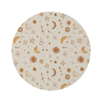 Celestial Bloom round nursery rug on a baby room floor