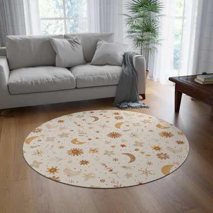 Celestial Bloom round rug, 60 inches across, in gold and rust