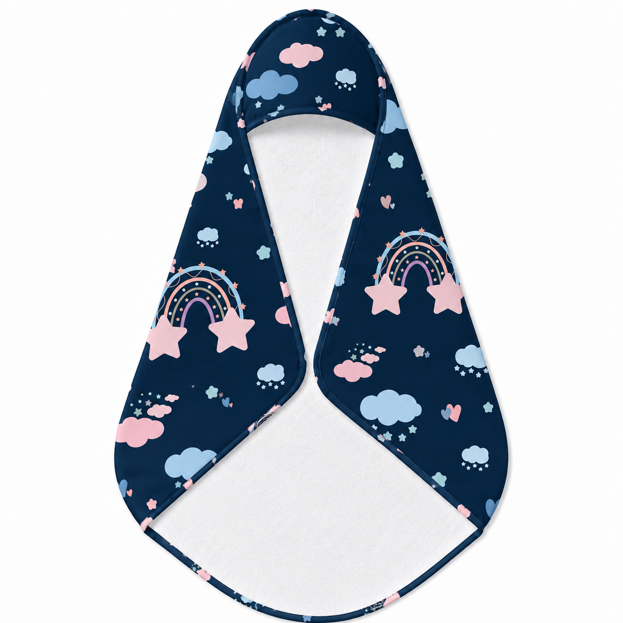 Midnight Rainbow hooded baby towel wrapped around a baby