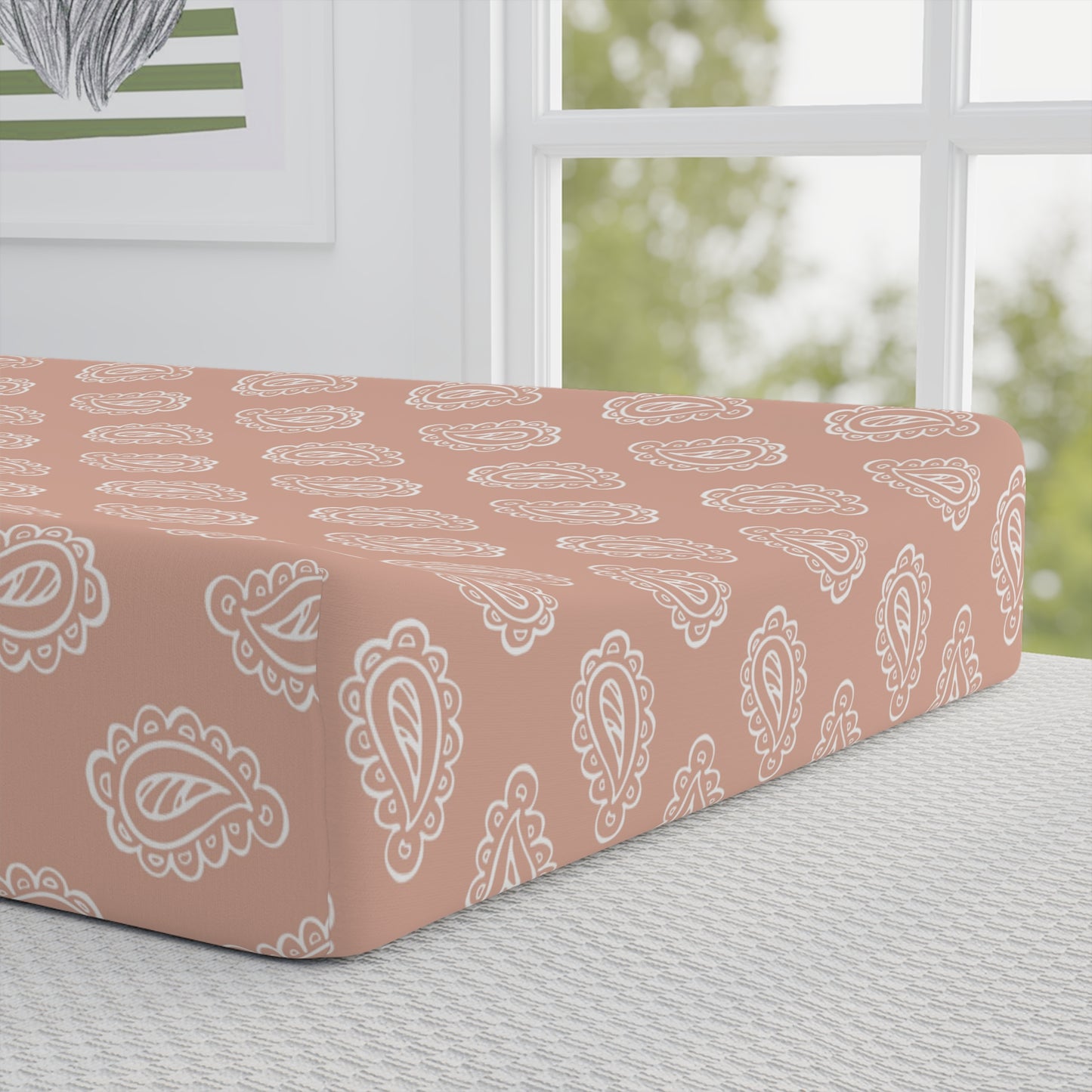 Close detail of the Clay Paisley print on the changing pad cover