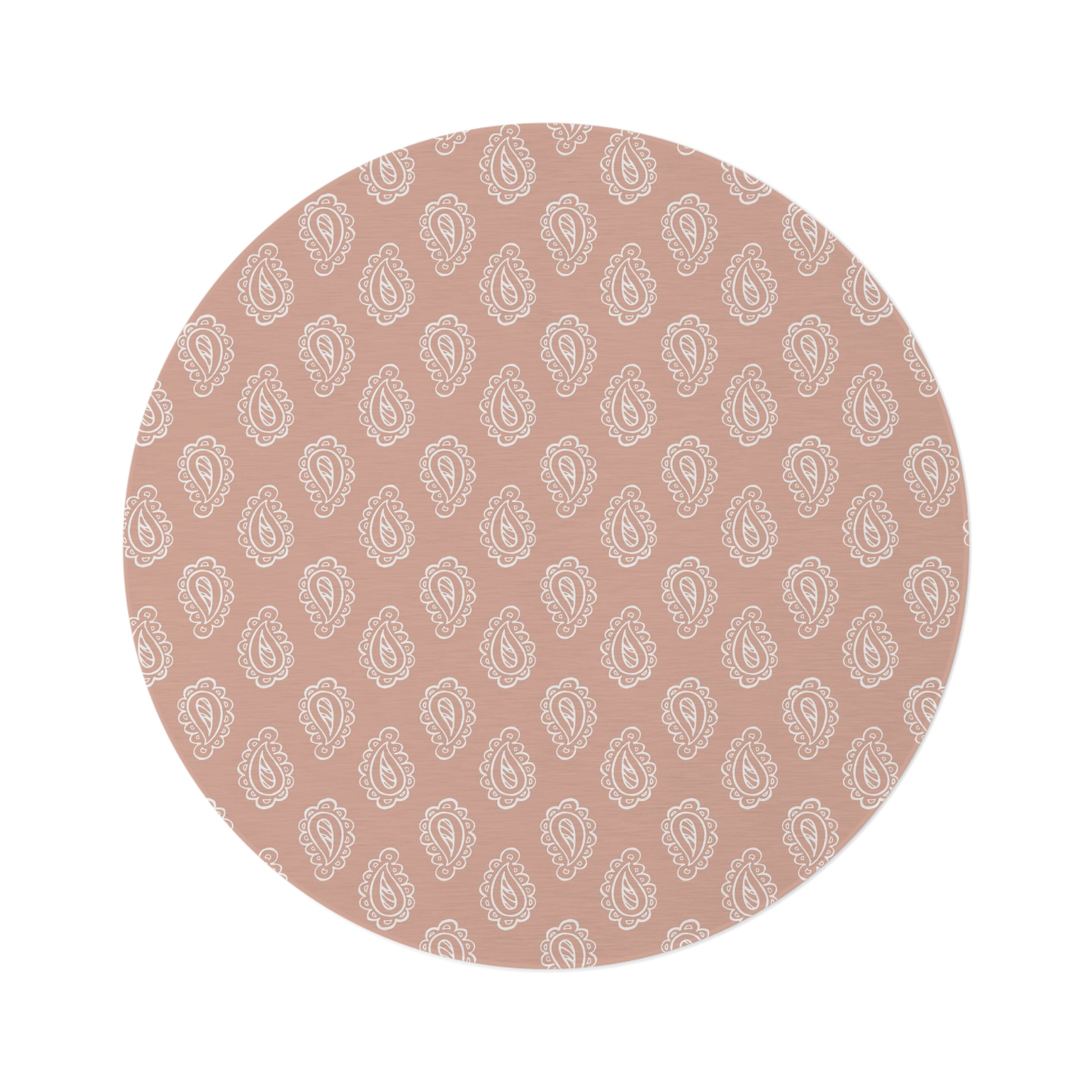 Clay Paisley round nursery rug on a baby room floor